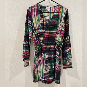 Parker 100% Silk Faux Wrap Surplice Neckline Long Sleeve Mini Colorful Dress S